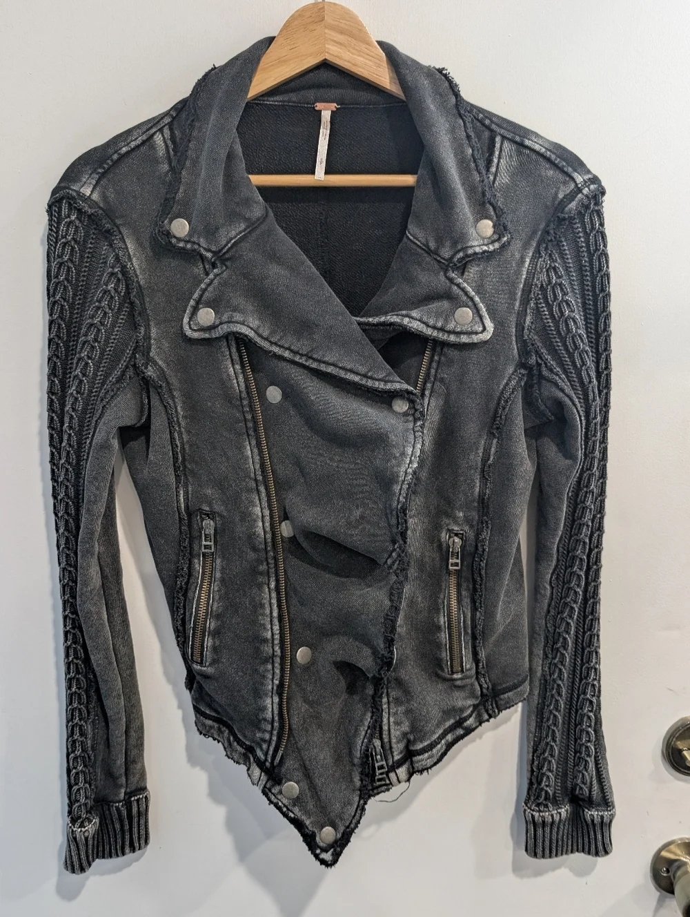 Free People Washed Black Ruffle Knit-Sleeve Moto Jacket Size Small